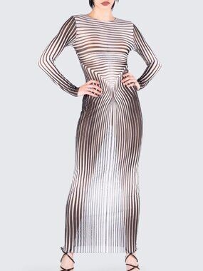 Finesse Artina Mesh Striped sheer bodycon longsleeve maxi dress